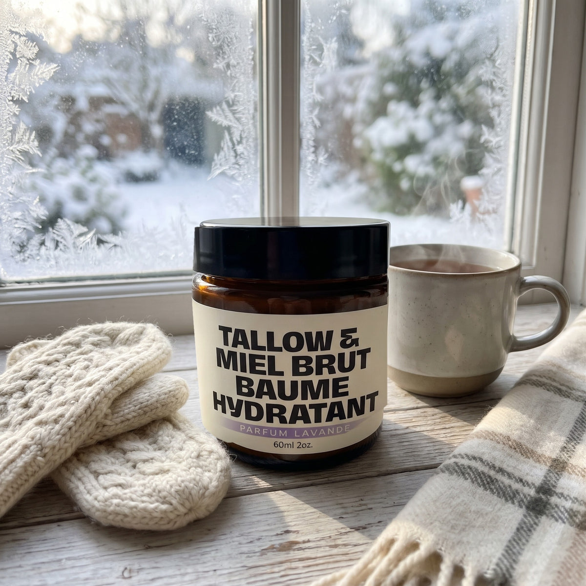 Pot de baume Tallow & Miel Brut près d'une fenêtre givrée