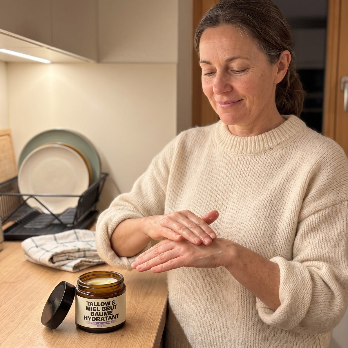 Application du baume Tallow & Miel Brut sur les mains le soir